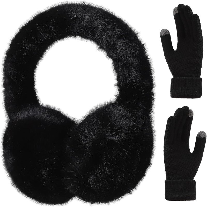 KDVOG Store Women Winter Ear Muffs Gloves Set Girls Fluffy Earmuffs Cold Weather Faux Fur Ear Warmers Touch Screen Gloves - Image 1